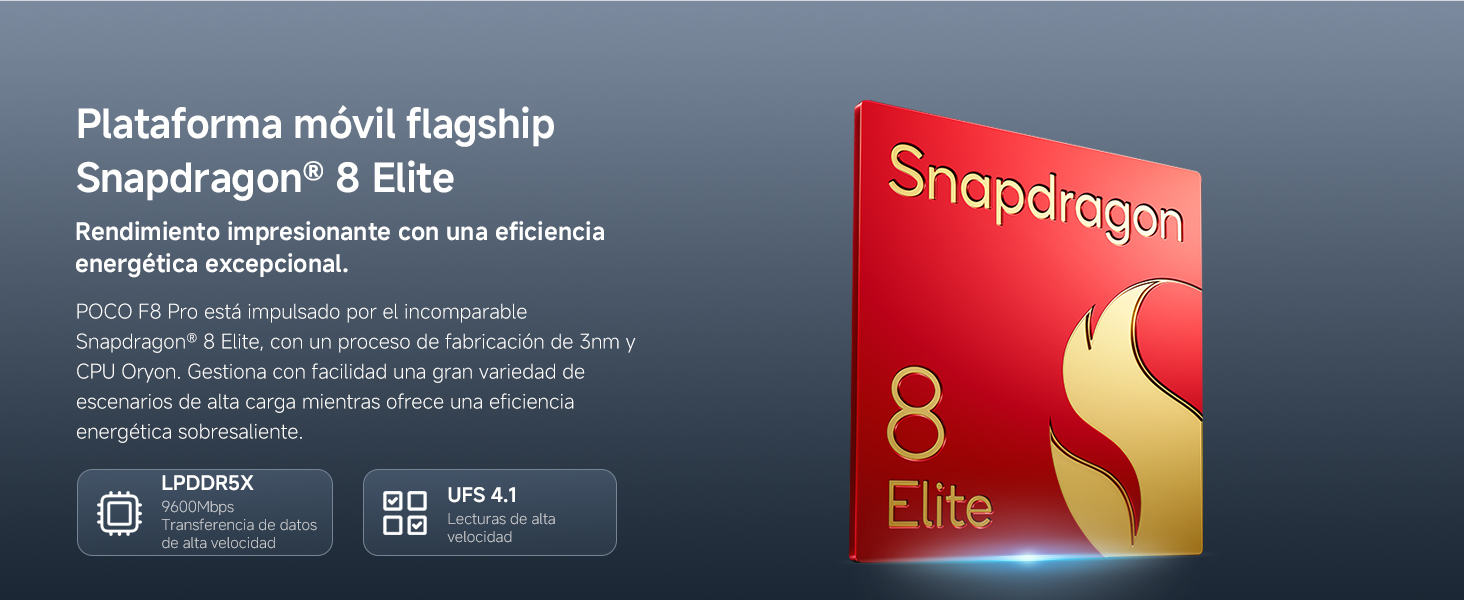 El texto dice «Plataforma móvil Flagship Snapdragon 8 Elite» con las especificaciones del producto en español. La caja del producto en rojo y blanco se muestra sobre un fondo gris.