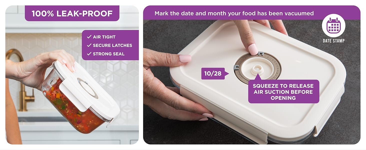 100% Leak proof, air tight container, secure latches, strong seal, date stamp, mark the date