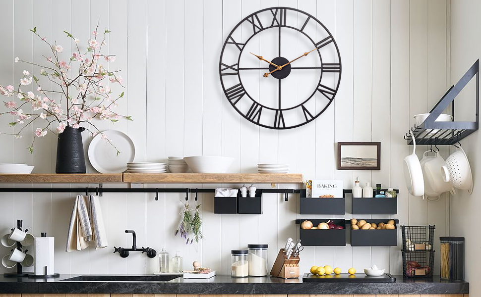 SkyNature Large Wall Clock for Living Room Decor, Vintage Metal Black