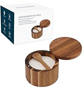 KITCHENDAO Acacia Wood Salt Cellar Bowl Box with Built-in Spoon to avoid Dust, Elegant Kitchen Sa...