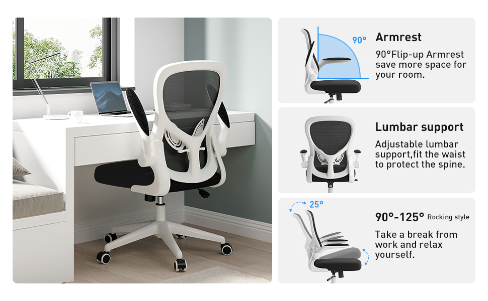 Ergonomic Desk Chair, Computer Office Chair With Flip-up Armrest&Lumbar Support, Adjustable Height, White 11 163