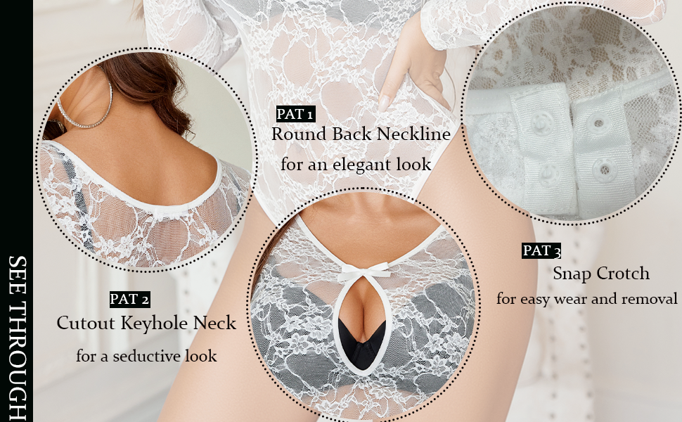 Avidlove Mesh Bodysuit for Women Long Sleeve Lace Leotard Snap Crotch Bodysuits