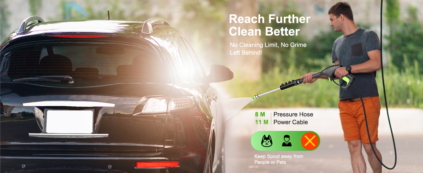 Car washing scene with person using pressure washer on vehicle. Text highlights extended reach and improved cleaning. Icons indicate machine's features including pressure and power cable length.