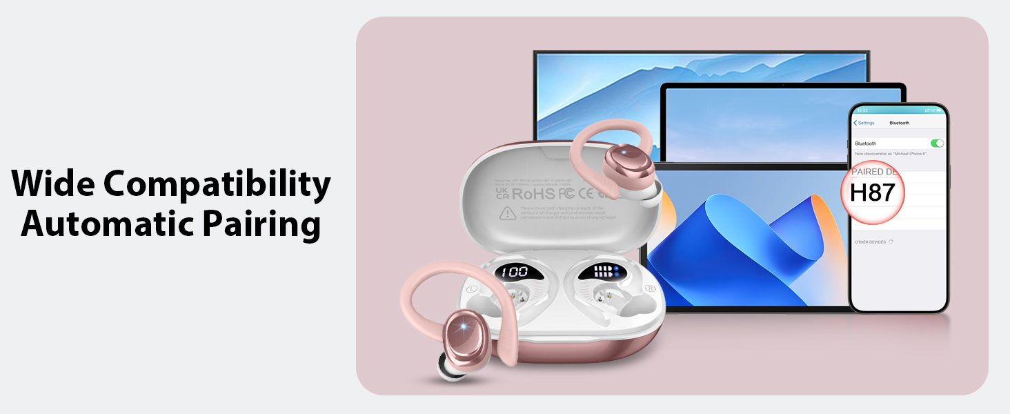 Wireless earbuds product display showing compatibility with multiple devices, featuring rose gold earbuds case and interface screens.
