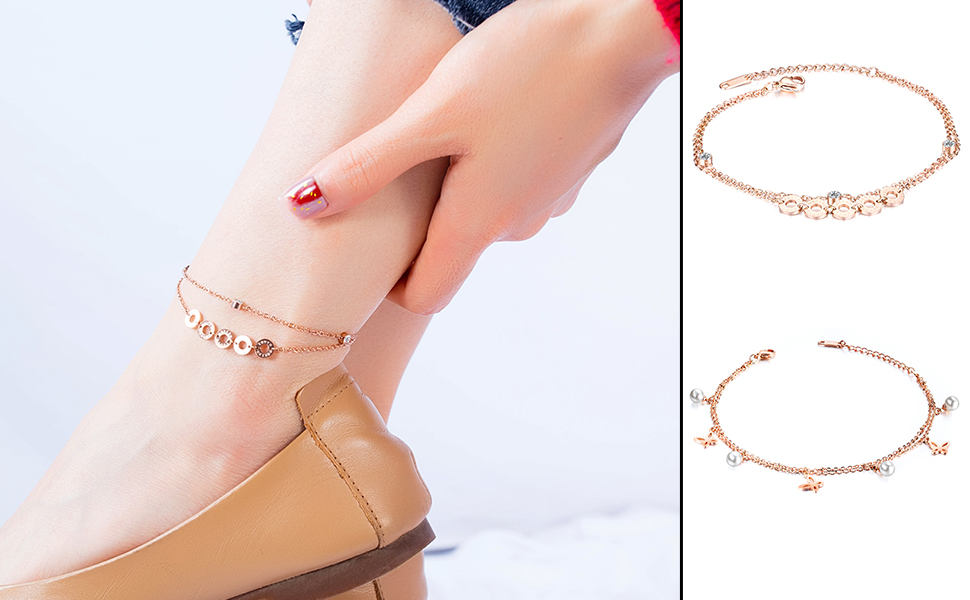 Amazon Deelfel アンクレット レディース 人気 チタン 18k ローマ数字 刻印 ダイヤ 2連 レディースアンクレット レディースアンクレット ジルコニア つけっぱなし 円形 アンクレット 通販