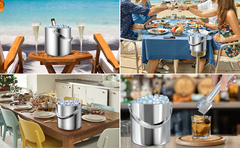 Ice Bucket 2L with Lid and Tongs, Scoop, Double Wall Insulated