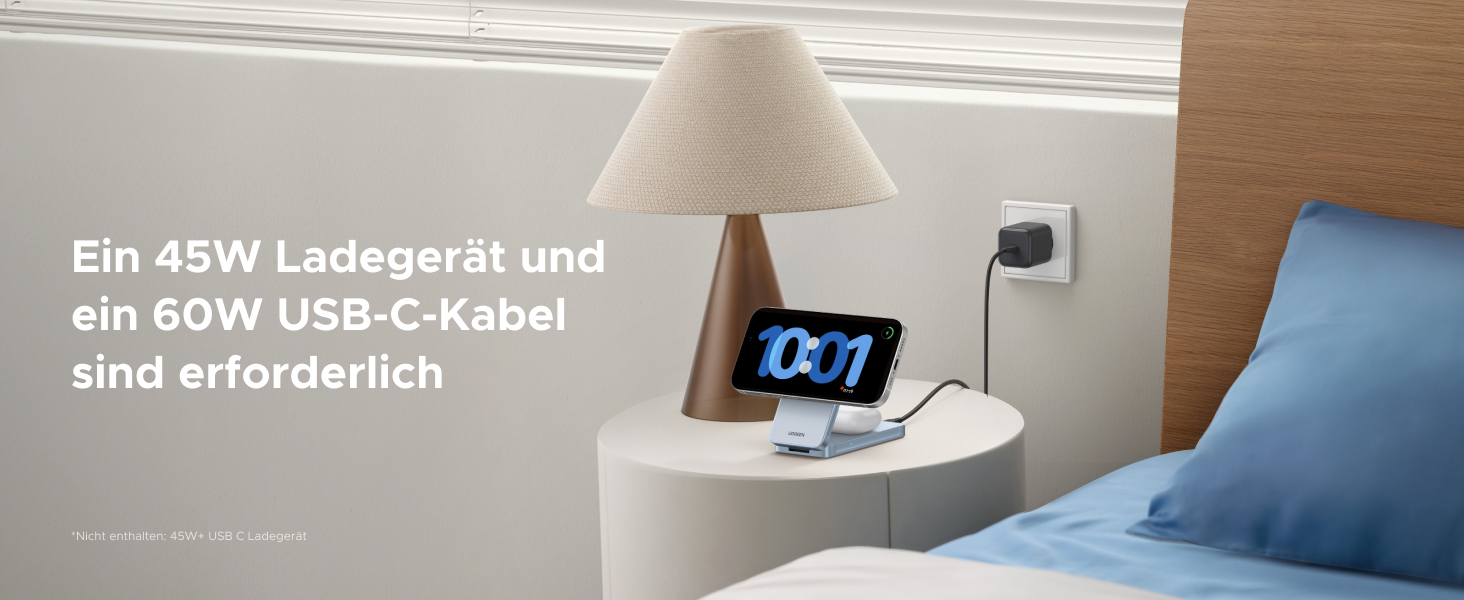 Text auf Deutsch über USB-C-Kabel und Stromversorgungsmöglichkeiten. Zeigt die Einrichtung des Schreibtisches mit Abbildungen von Monitor, Tastatur und Ladeeinrichtung.