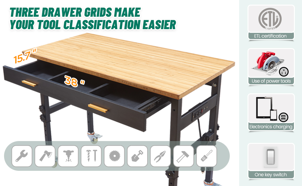 Adjustable Work Bench 47.2" Heavy Duty Workbench with Power Outlets, Drawers, Casters, Natural