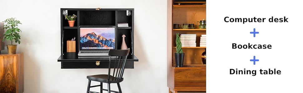 COSTWAY Wall-mounted Drop-leaf Table, Space Saving Laptop Computer Desk Workstation, Folding Hanging Table Cabinet With Storage Drawer And Shelves, Capacity 20KG (White) 12 1