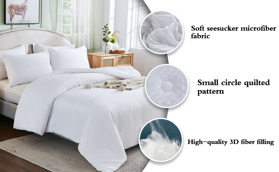 Memfydu Queen Comforter Set White, 3 Pieces Seersucker