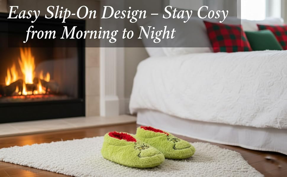 Text reads 'Easy Slip-On Design - Stay Cosy' and 'from Morning to Night'. Cozy slippers shown near fireplace setting.