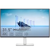 El texto dice «DELL de 31,5 pulgadas» y las especificaciones técnicas incluyen «4K VA 120 Hz». La pantalla blanca del monitor del ordenador se muestra sobre un fondo claro.