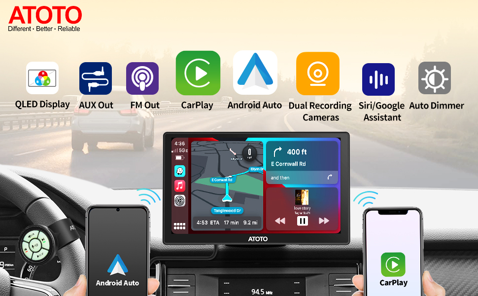 ATOTO P8 1080P OnDash Cam and Rear DVR Cam Input, Portable 7'' QLED