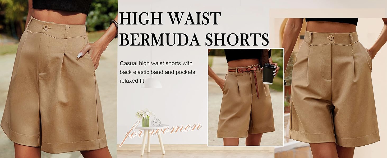 wide leg shorts with pockets loose fit dressy bermuda shorts summer drawstring elegant shorts