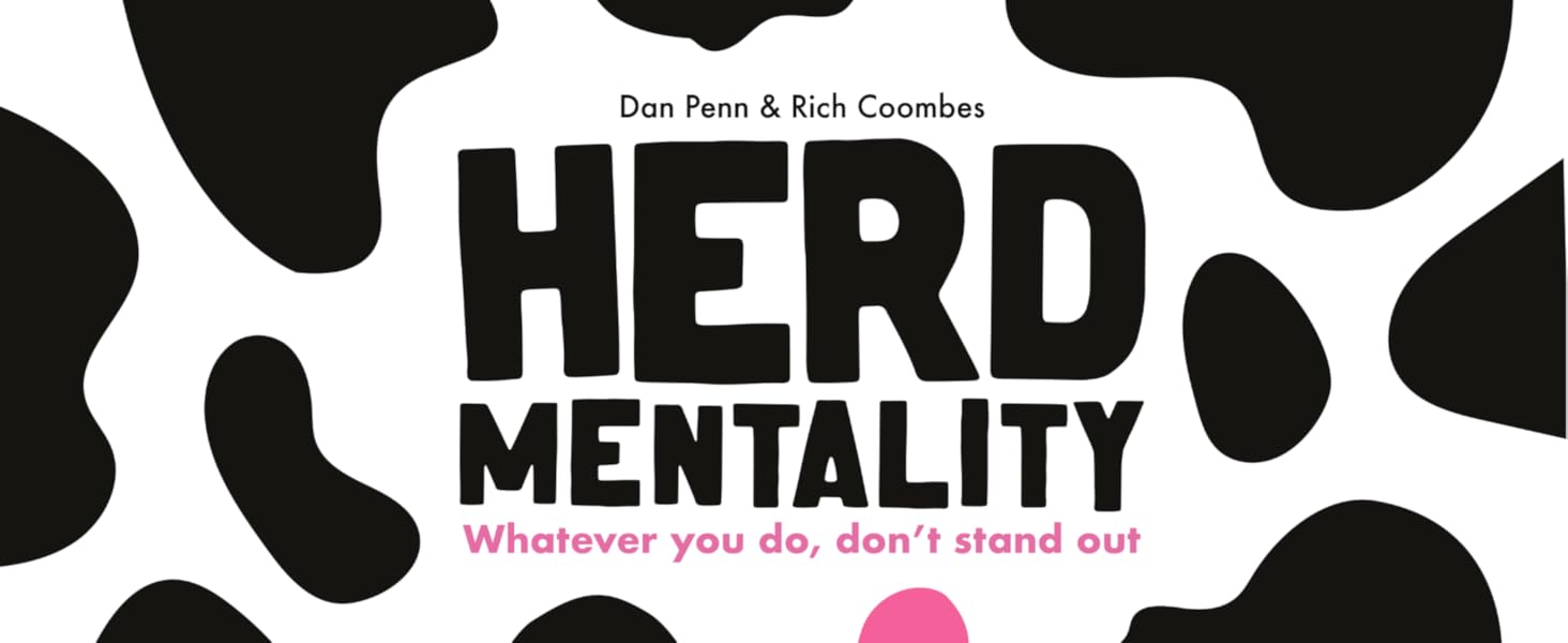 Text reads 'HERD MENTALITY' in bold black letters against white background with black cow-spot pattern border design.