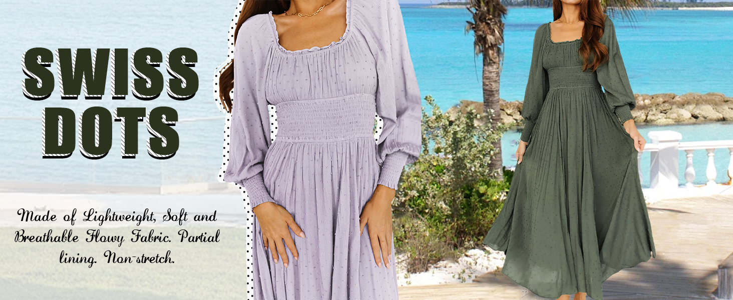 Women's Puff Long Sleeve Square Neck Elastic Empire Waist Swiss Dots Casual Flowy A-Line Maxi Dress