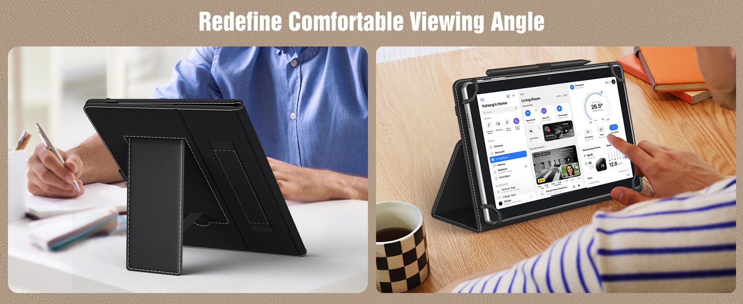 Adjustable tablet stand shown in two usage scenarios: as a vertical stand on a desk and as an angled support for comfortable viewing while working or relaxing.