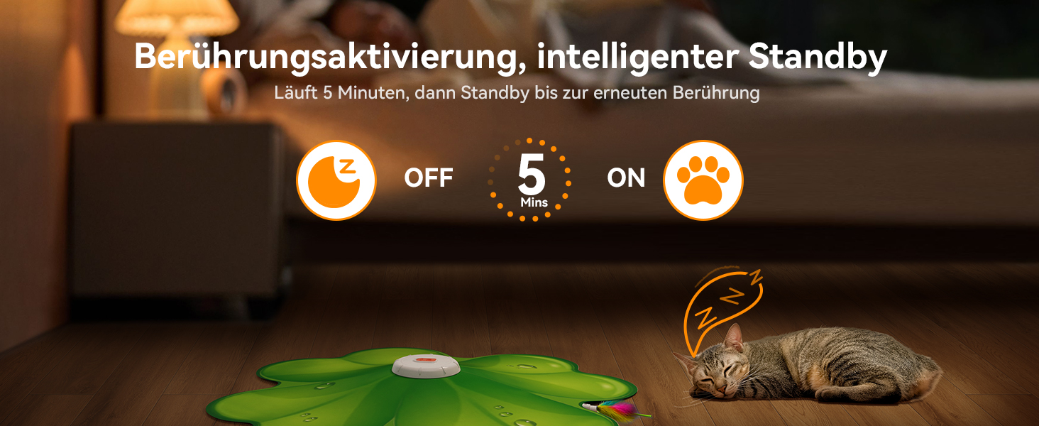 Die Produktschnittstelle zeigt Touch-Aktivierung und Standby-Modus mit 5-Minuten-Timer mit Symbolen für eine Uhr, einen Stromstatus und einen Pfotenabdruck. Grünes blattförmiges Gerät mit Abbildung einer schlafenden Katze