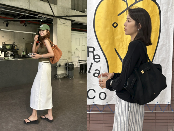 Split image of two women in casual attire. Left: woman in white dress and hat. Right: woman in black top near yellow heart-shaped wall art.