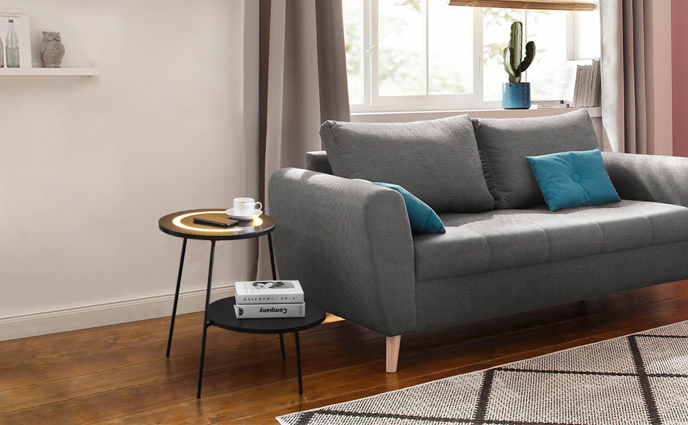 CLIPOP 2 Tier End Side Table with LED Light,Smart Round Side Table with