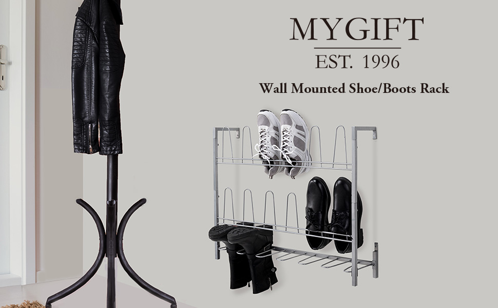 9-Pair Wall Mounted Silver Metal Wire Boot and Shoe Rack, Footwear Storage Organizer