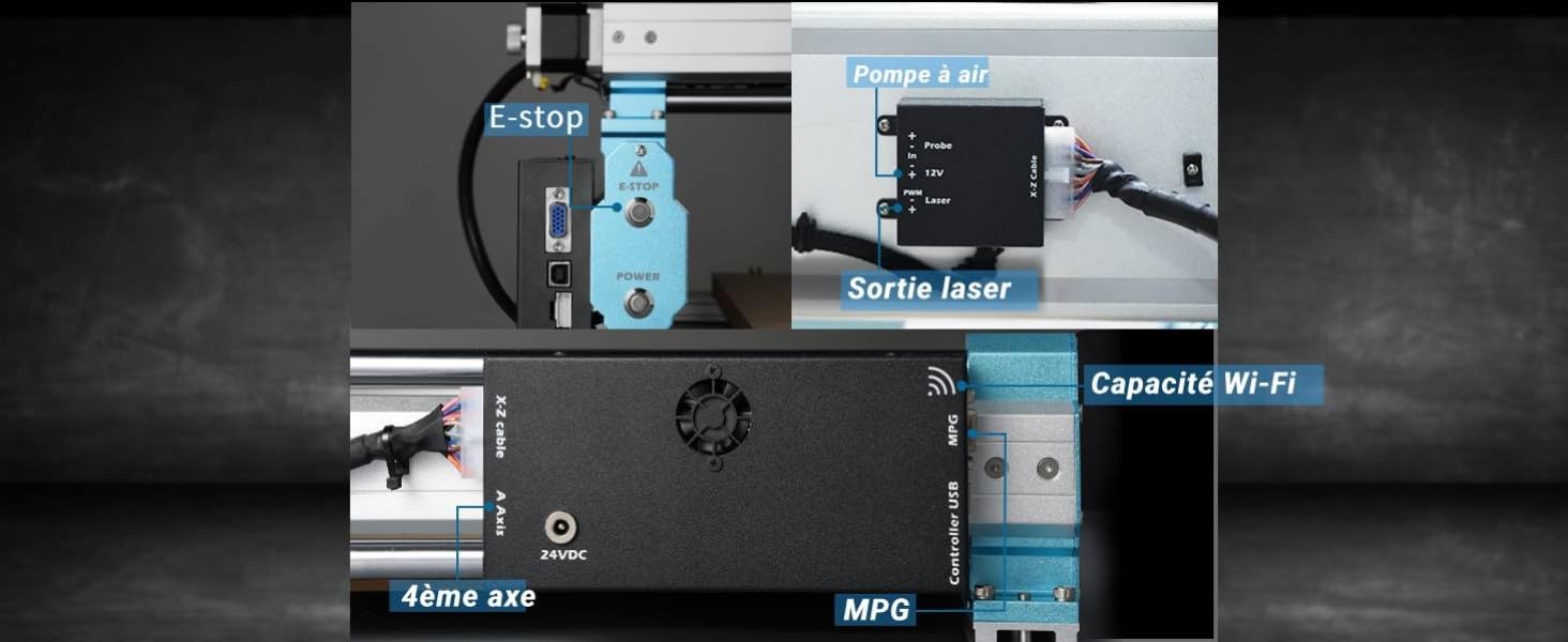 avec divers composants, notamment le bouton d'arrêt d'urgence, la sortie laser, la fonctionnalité Wi-Fi et la commande des essieux. Le panneau comporte des éléments bleus et noirs avec une étiquette blanche.
