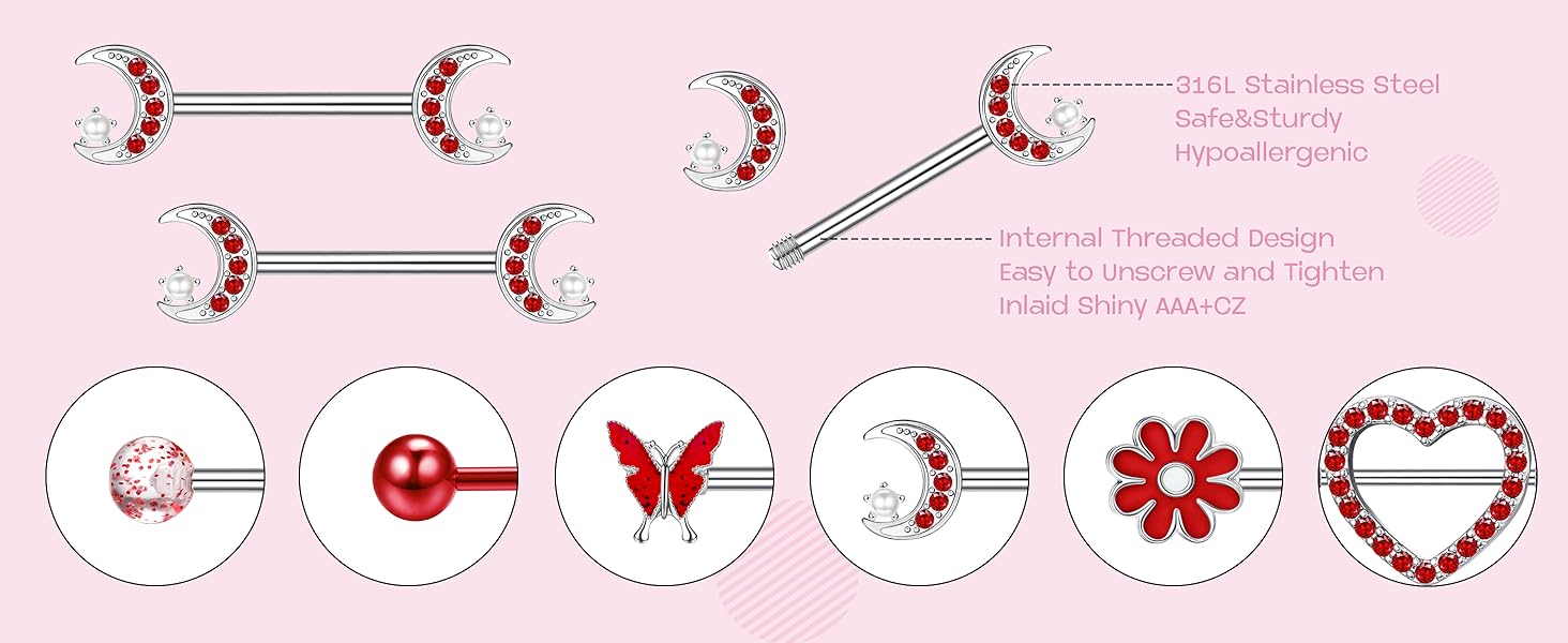 Kakonia 14 Gauge Nipple Rings Stainless Steel Cute Nipple Piercing Jewelry