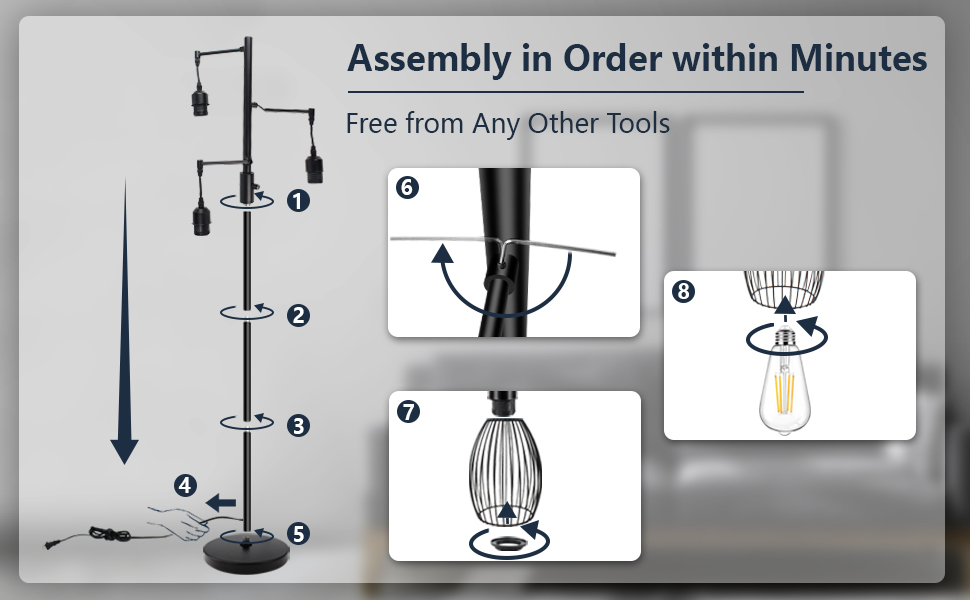 Assembly instructions for a floor lamp, showing step-by-step process to connect pole sections, attach lamp shades, and install light bulbs without additional tools.