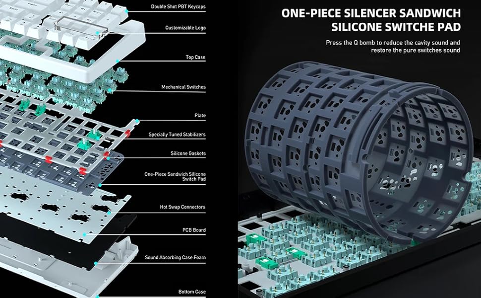 MARVO KG972W Gasket Mount Mechanical Keyboard, Gasket Mount