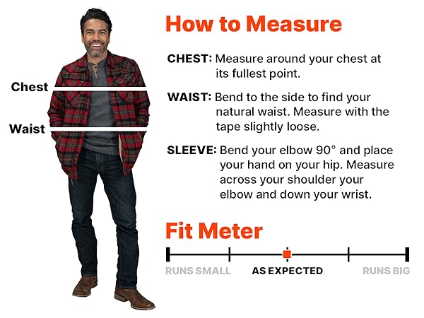 Buck how to measure, chest, waist, sleeve, fit meterCamp
