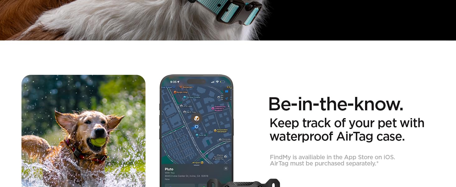 Der Text lautet "Be-in-the-Know." και «Behalten Sie mit der wasserdichten AirTag-Hülle den Überblick über Ihr Haustier». Kompositmaterial, das einen Hund zeigt, der im Wasser spielt, Kartenoberfläche auf dem Handy und AirTag-Halter aus braunem Leder.