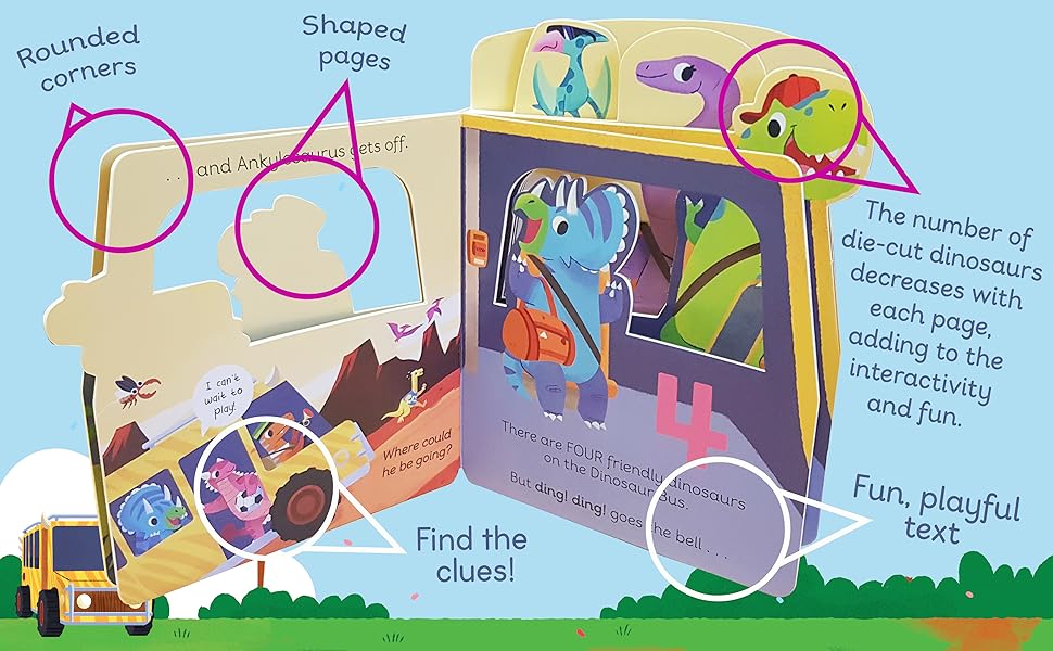 Interior of book. Features: Round corners, shaped pages, Fun playful text, Find the clues!