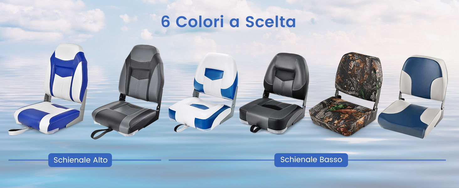Sono mostrati sei diversi modelli di sedili per barche. Gli stili vanno dal modello base a quello con schienale alto, in colori tra cui blu, bianco, grigio e motivo mimetico