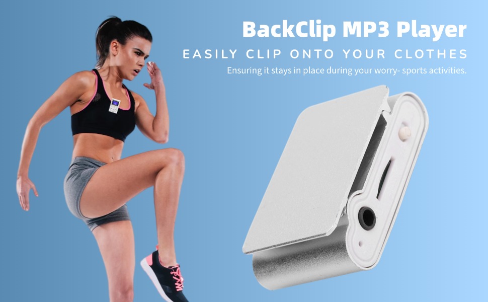 Text reads 'BackClip MP3 Player' and 'EASILY CLIP ONTO YOUR CLOTHES'. Shows compact white MP3 player device with clip mechanism against blue background alongside athletic scene.