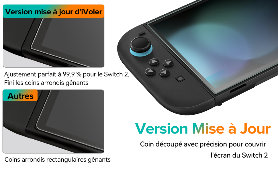 avec manettes noires, grand écran tactile et coins arrondis. Le texte met en évidence la version mise à jour avec des angles coupés précis pour couvrir l'écran de la Switch 2.
