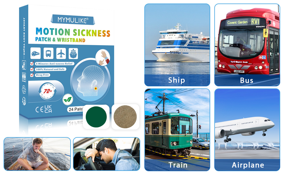 24 Counts MYMULIKE Motion Sickness Patches with Motion Sickness Bracelet, Anti Nausea Travel