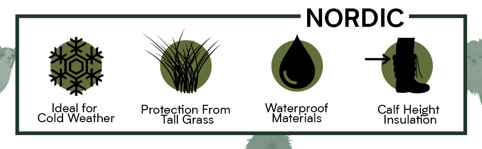 ideal for cold weather, protection from tall grass, waterproof materials, calf height insulation