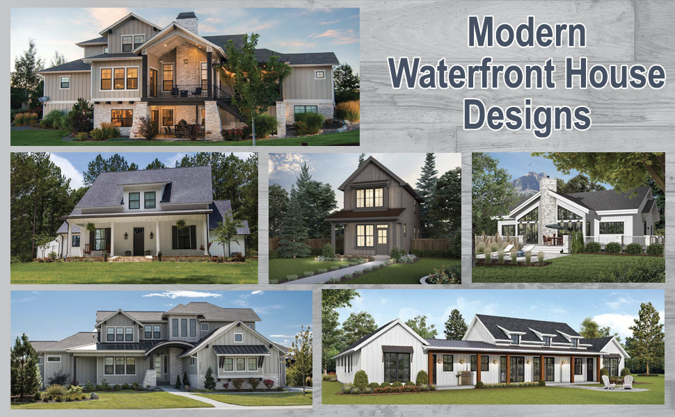 A spread of 6 different houses with text, "Modern Waterfront Home Designs."