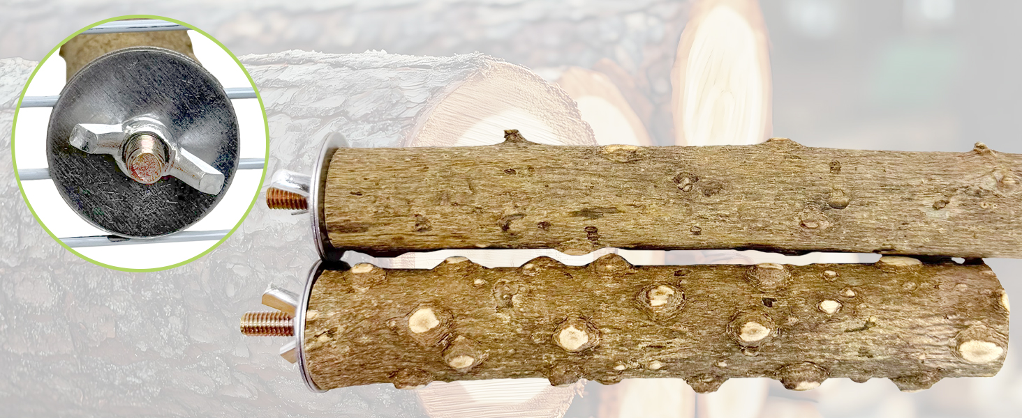 Conure chewable wood with metal wing nut/built-in bolt. No extra tools. Fork installs easily in cage