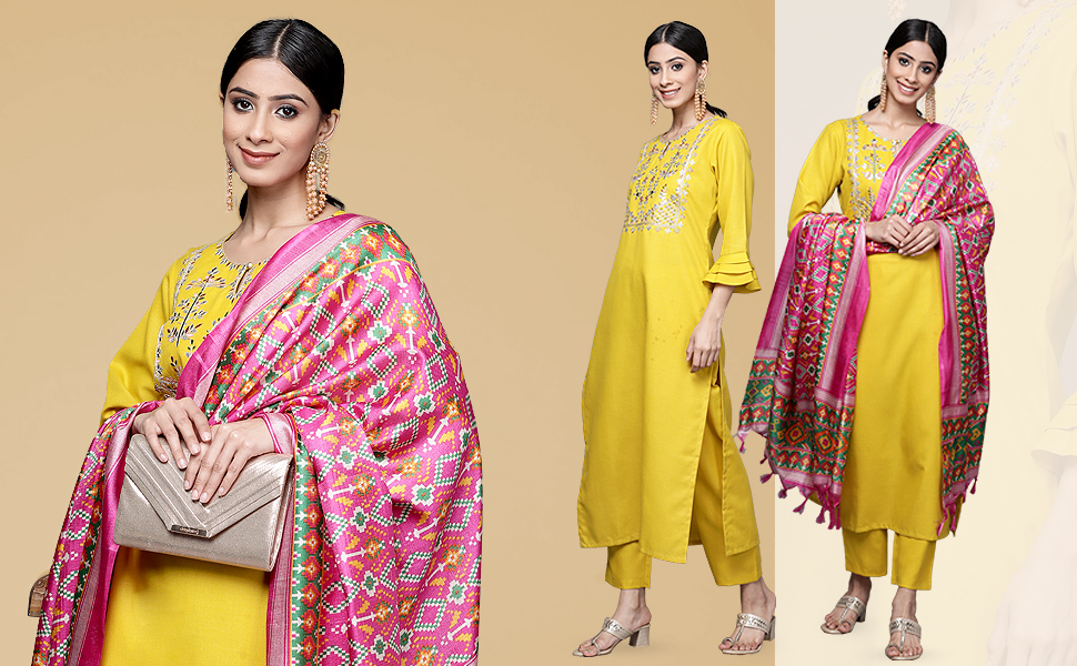 Yellow Yoke Design Kurta with Trousers and Dupatta Set
