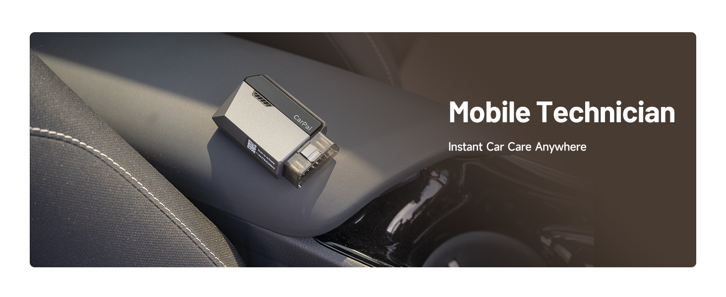 Mobile technician device on car seat. Small rectangular gadget with text 'Mobile Technician' and 'Instant Car Care Anywhere'.