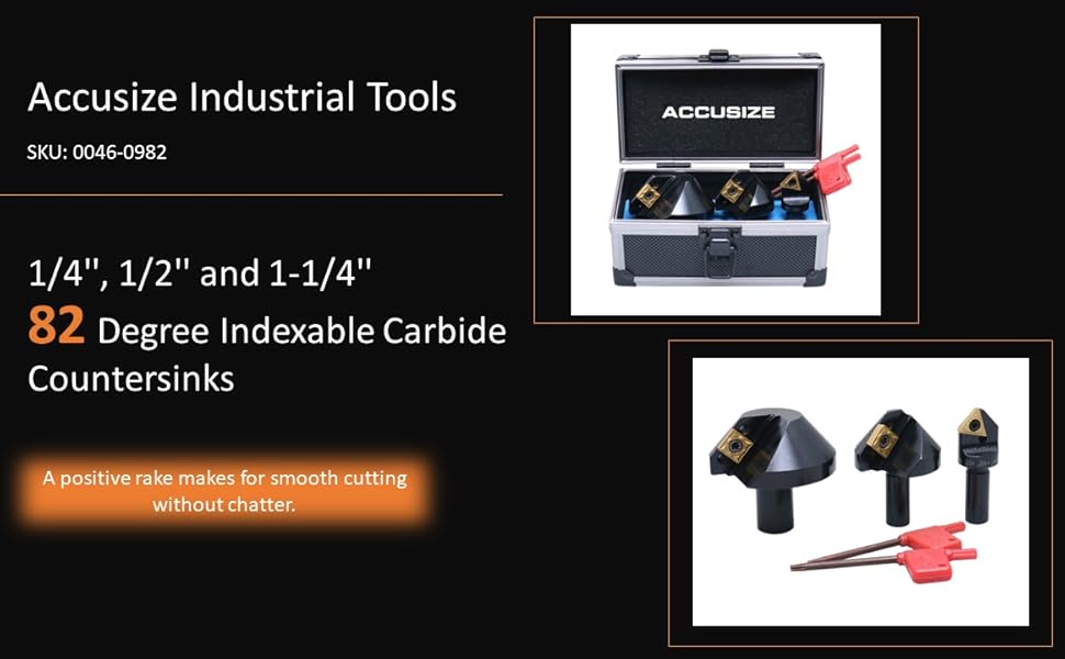 Accusize 3 Pcs/Set Indexable Carbide Countersink Set 82 Degree, 1/4