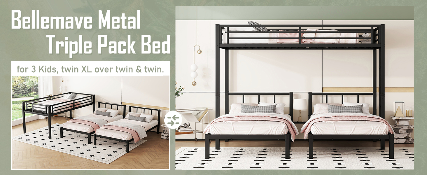 Heavy Duty Triple Bunk Bed Frame- Twin Size