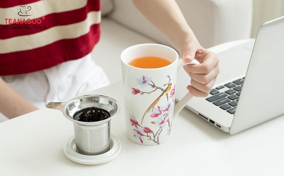 TEANAGOO Ceramic tea mug with infuser, Golden Bird