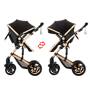 Two views of a black and gold-accented baby stroller with reversible seat, large wheels, and adjustable canopy. Arrows indicate seat direction change capability.