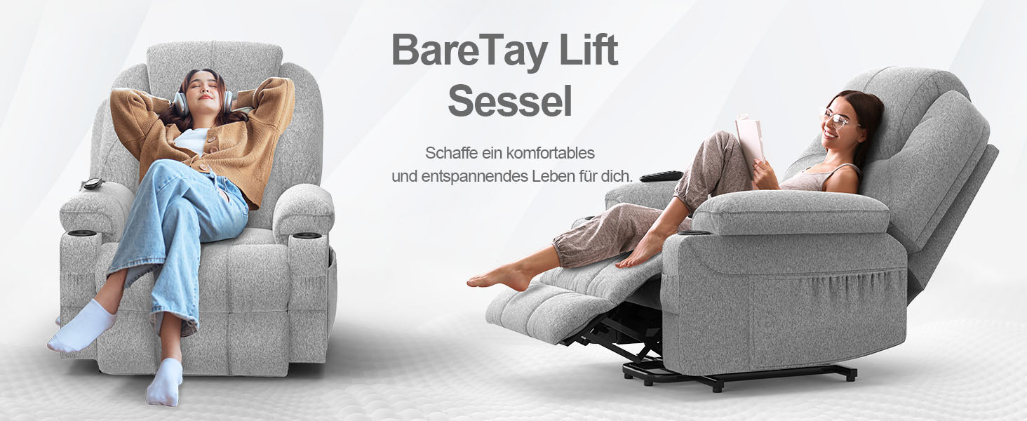 Grauer Lehnsessel, dargestellt in zwei Positionen: aufrecht mit sitzender Person und zurückgelehnt mit ausgezogener Fußstütze. Verfügt über eine Polsterung aus Plüsch und eine Stoffpolsterung