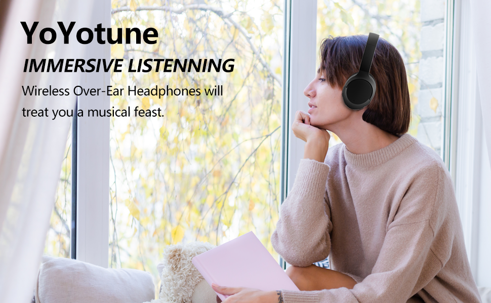 Text reads 'YoYotune' and 'IMMERSIVE LISTENNING'. Marketing image shows headphones and listening experience in bright, modern setting with yellow accent lighting.