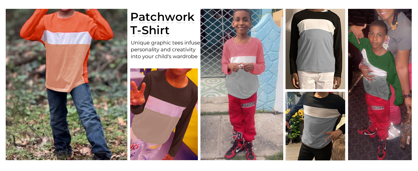 Boys Long Sleeve Shirts Kids Fashion Fall Tops Crewneck Color Block Tees