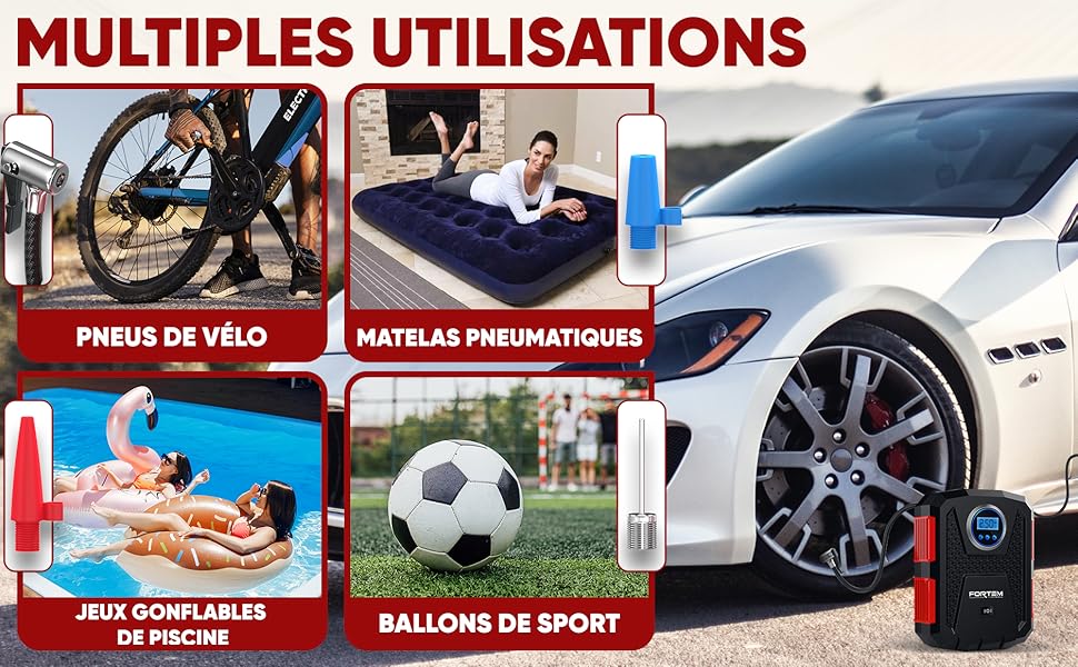 Fortem Gonfleur Pneus Voiture, Compresseur à Air, Pompe à Vélo, Compresseur Voiture Électrique 12V – Compresseur Portatif Vélos avec Lumière LED, Jauge Pression Numérique et Pompe/Arrêt Automatique 2