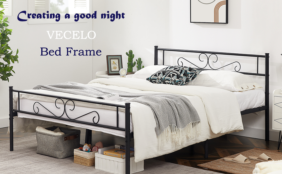 VECELO Queen Size Bed Frame with Headboard and Footboard, Strong Metal